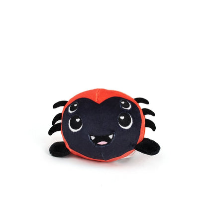 The Muffet Spooky Plushy Skwishy is a round, plush spider toy featuring a red body, black face, four cartoon eyes, a smiling mouth with fangs, and soft black felt legs—perfect for cuddles.