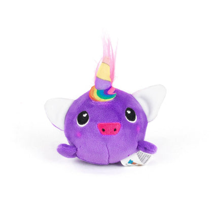 The Amethyst Spooky Plushy Skwishy is a round, purple plush toy with big white ears, black eyes, a pink snout, and a rainbow-colored unicorn horn, shown against a white background.