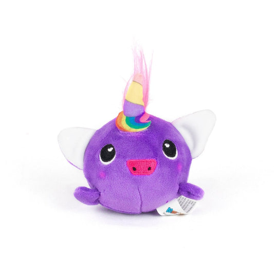 The Amethyst Spooky Plushy Skwishy is a round, purple plush toy with big white ears, black eyes, a pink snout, and a rainbow-colored unicorn horn, shown against a white background.