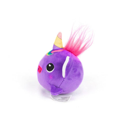 The Amethyst Spooky Plushy Skwishy is a small, round, purple unicorn plush with a rainbow horn, pink and red snout, white ears, big black eyes, and a pink fuzzy mane, pictured on a white background.