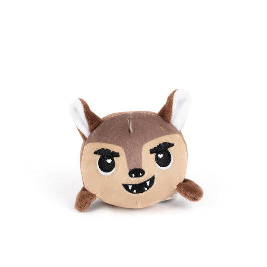 The Lobo Spooky Plushy Skwishy is a round, brown plush toy featuring white inner ears, black eyebrows, embroidered eyes, and a mischievous grin with sharp teeth, shown against a plain white background.