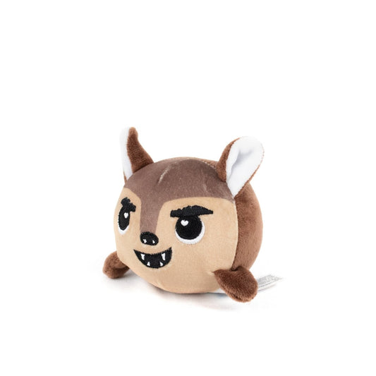 The Lobo Spooky Plushy Skwishy is a small, round plush toy featuring brown and beige fur, pointy ears, large embroidered eyes, a mischievous smile with sharp teeth, and tiny arms and legs.