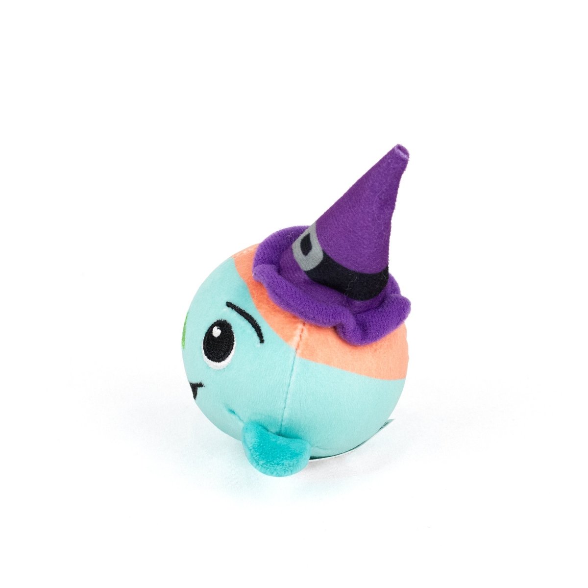 Asha Spooky Plushy Skwishy is a round blue plush toy with an orange patch on top, embroidered face, and a purple witch hat featuring a black band and silver buckle. It is pictured against a white background.