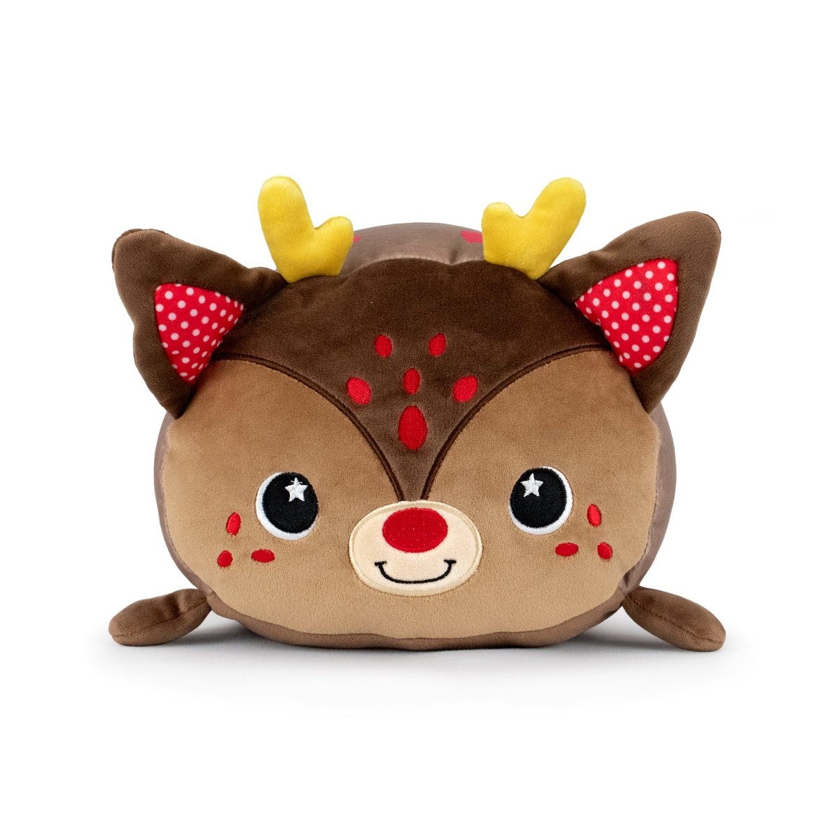 Praline the Reindeer is a plush stuffed toy with yellow antlers, brown fur, red-and-white polka dot ears, a red nose, starry black eyes, and a smiling face—crafted from ultra-soft materials for the perfect cuddly buddy.