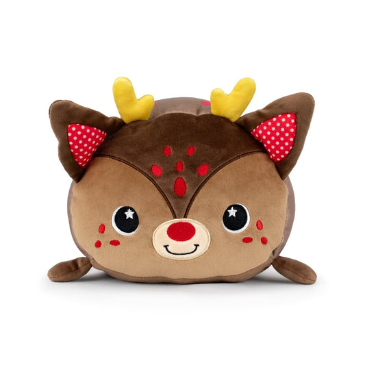Praline the Reindeer is a plush stuffed toy with yellow antlers, brown fur, red-and-white polka dot ears, a red nose, starry black eyes, and a smiling face—crafted from ultra-soft materials for the perfect cuddly buddy.