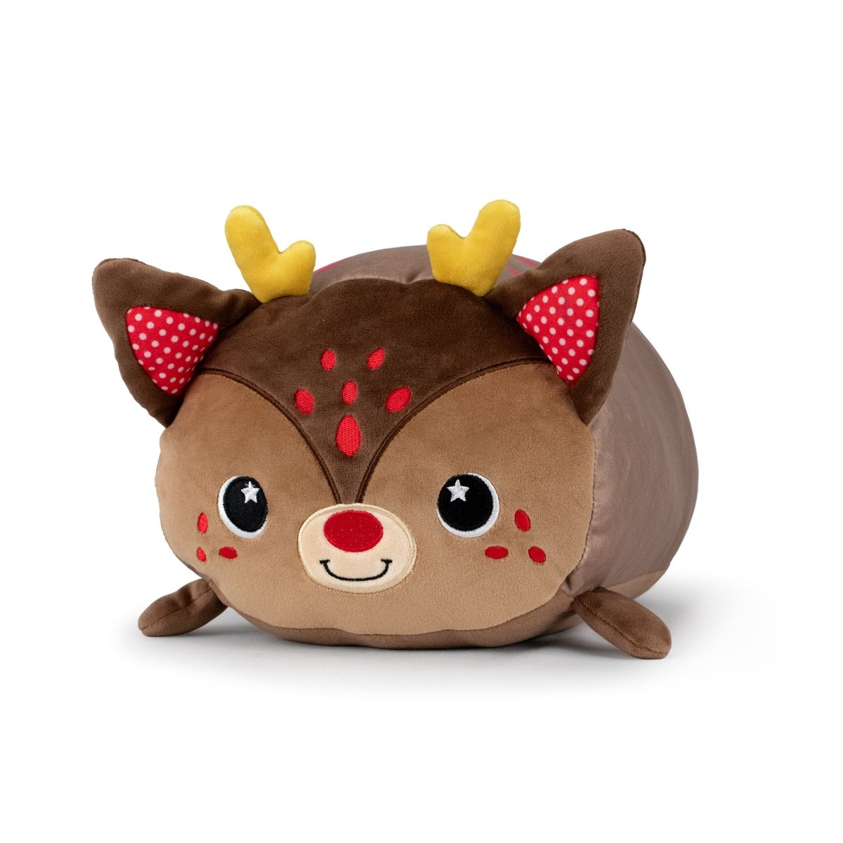 Praline the Reindeer is a plush toy with brown fur, red and white polka-dot ears, yellow antlers, a red nose, star-shaped eyes, and a smiling face—crafted from ultra-soft materials for the perfect cuddle buddy.