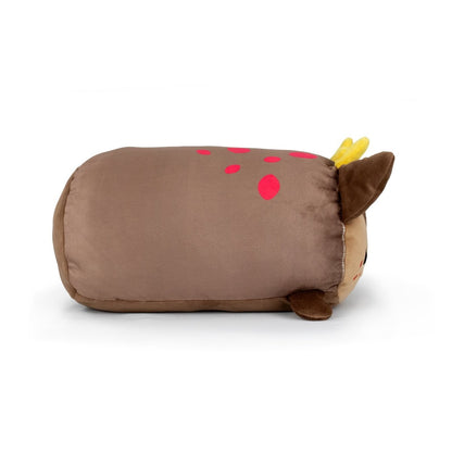 Praline the Reindeer—a plush pillow shaped like a brown deer with yellow antlers, felt ears, and red spots—lies on its side against a white background.