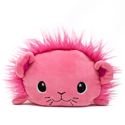 The Prince Val the Lion Plushie is a cute, fluffy pink toy with a vibrant mane, embroidered face with big starry eyes, a simple smile, and whiskers.