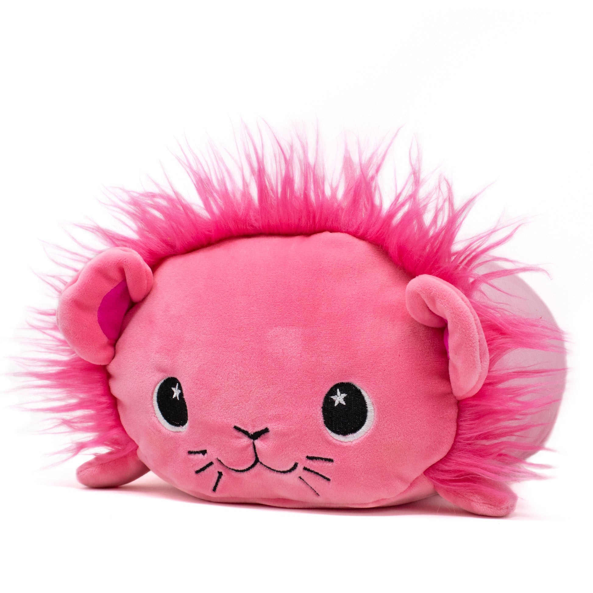 The Prince Val the Lion Plushie is a pink lion-shaped toy with a fluffy, vibrant mane, big embroidered eyes, short round ears, and a small stitched mouth and nose. This irresistibly huggable plushie makes an adorable addition to any collection.