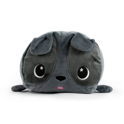 Meet Pugsy the Pug Plushie from Moosh-Moosh, a soft and squishy animal pillow plush toy shaped like a chubby dog with a round body. It features dark gray fur, large black eyes with white star highlights, a small pink nose, and droopy ears. This cute and cuddly toy lies flat on its stomach with its legs spread out.