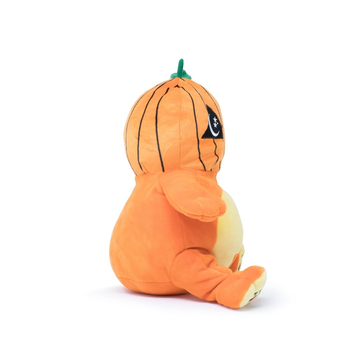 Vincent the Pumpkin Plushie Starlight Buddy is showcased on a white background, depicting an orange body with a pumpkin-like head, a green stem on top, and an eye adorned with a star-shaped sparkle.