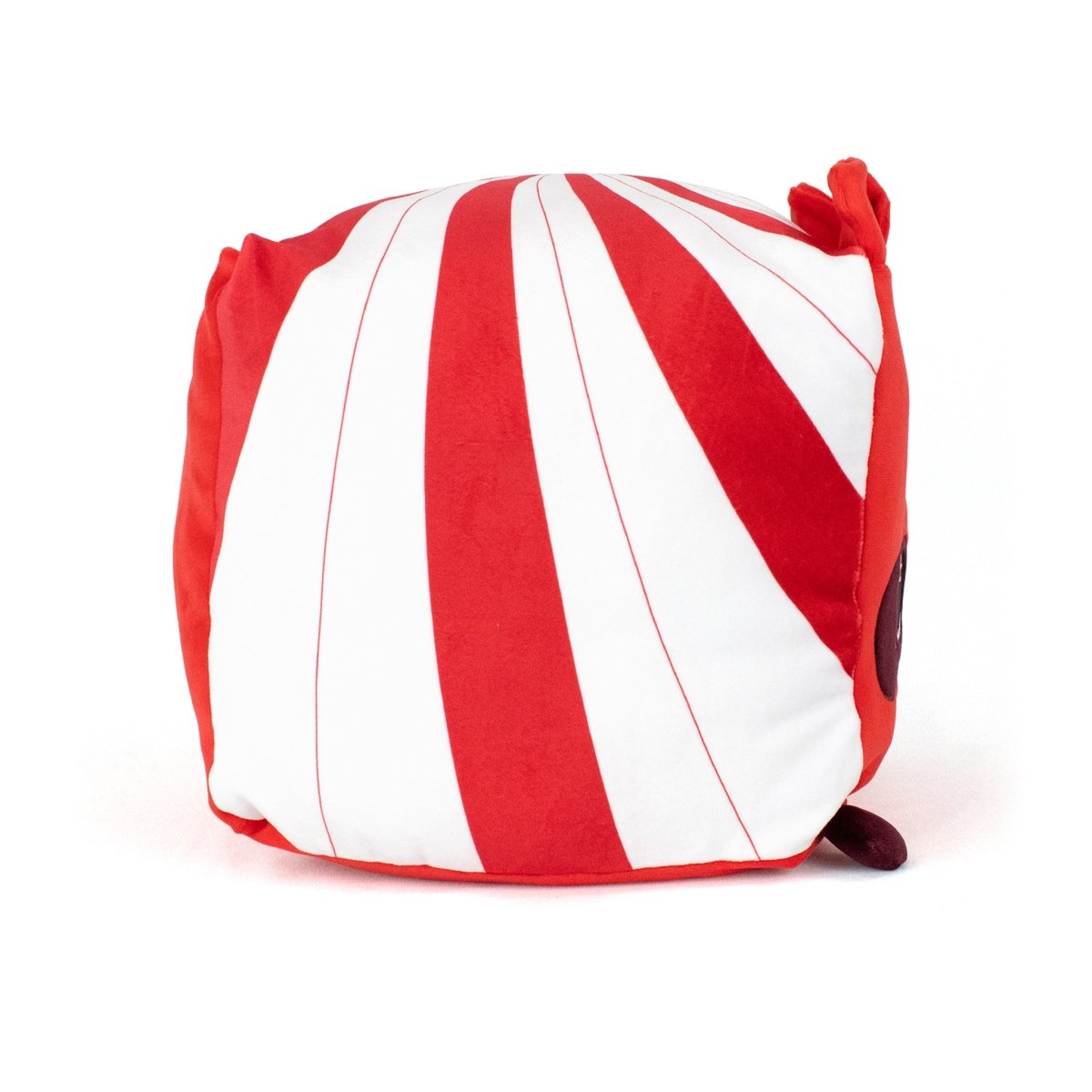 Quincy the Raccoon, a soft, cube-shaped stuffed plushie with red and white spiral stripes like peppermint candy, sits on a white background.
