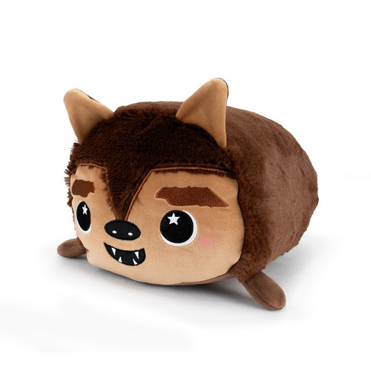 Raegan the Werewolf is a plush toy with pointy ears, brown fur, big round eyes with star-shaped highlights, a small black nose, and tiny fangs—perfect for fans of unique stuffed plushies.