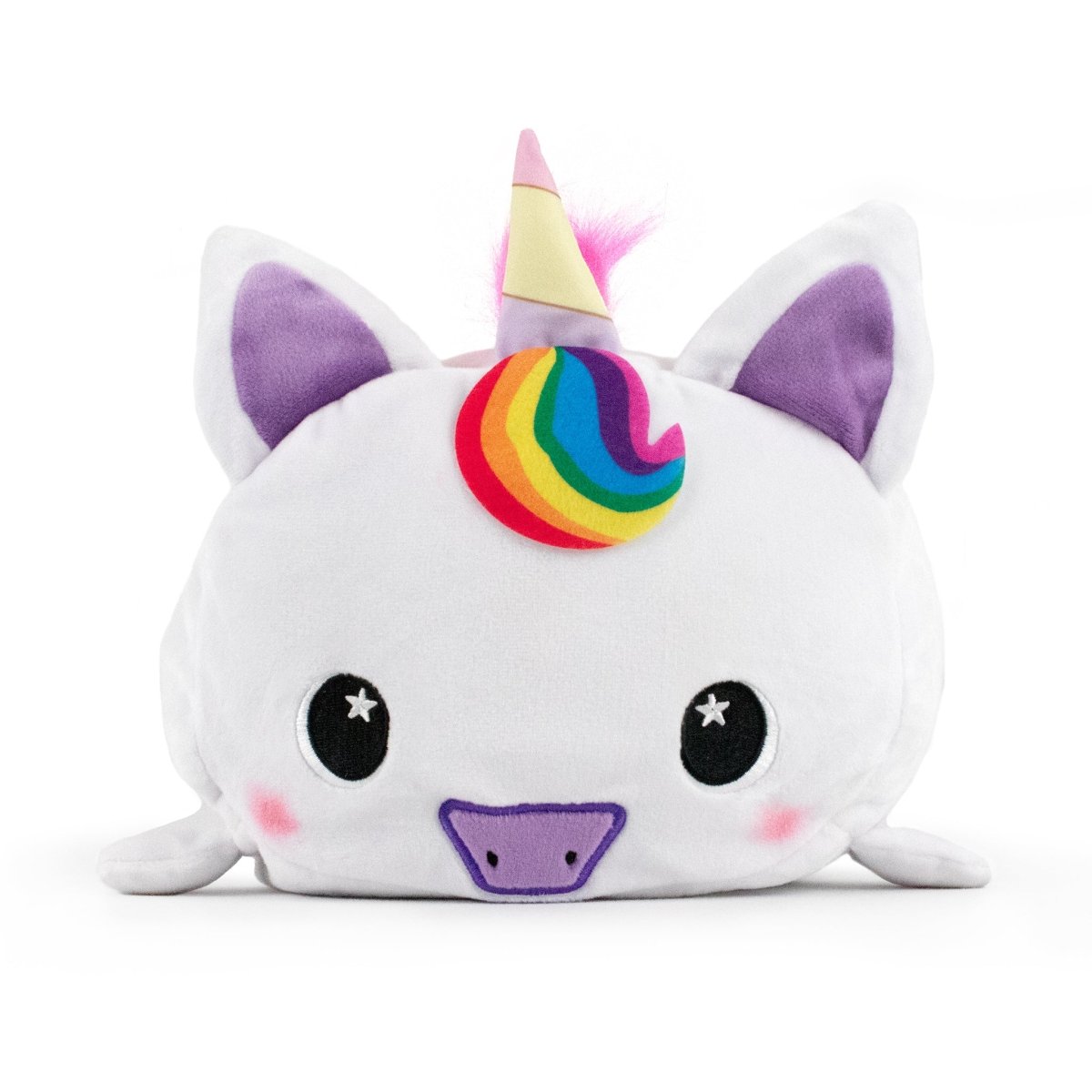 Introducing Rainbow Swirl the Unicorn by Moosh-Moosh, a soft animal pillow designed to resemble a cute unicorn. It features a white body, large black eyes with star highlights, and pink blush marks on its cheeks. The inner ears are purple and it has a multicolored rainbow horn along with a smiling purple snout. For easy care, this machine washable pillow sits on a white background.