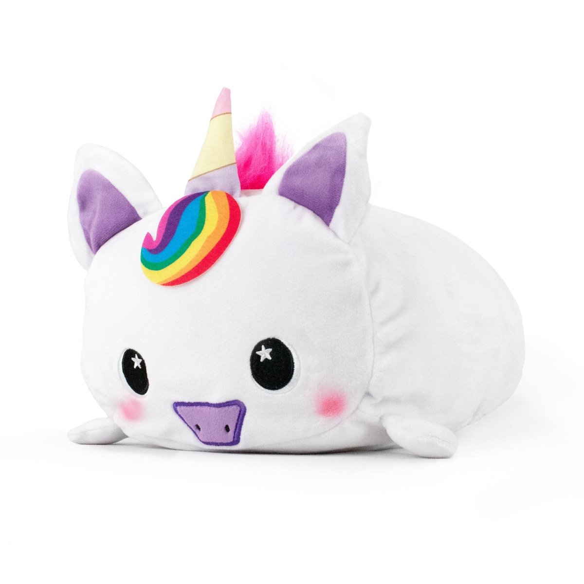 Introducing Rainbow Swirl the Unicorn by Moosh-Moosh, a soft animal pillow shaped like a unicorn with a white body, purple ears, and a rainbow-colored horn. This adorable toy features a cute, rounded face with black starry eyes, pink cheeks, and a small purple snout. A hint of a pink mane peeks out behind the horn. Plus, it's machine washable!