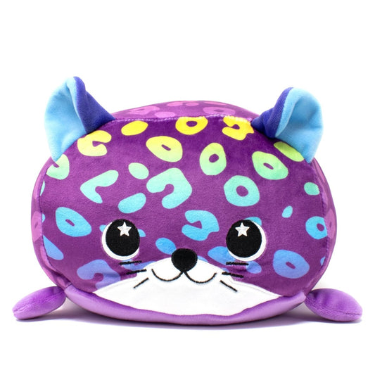 Rayn the Leopard Plushie is a soft toy designed as a purple leopard with colorful spots, featuring big cartoonish eyes with stars, a cute smile, and small ears. Set against a plain background, it's perfect for endless cuddles.