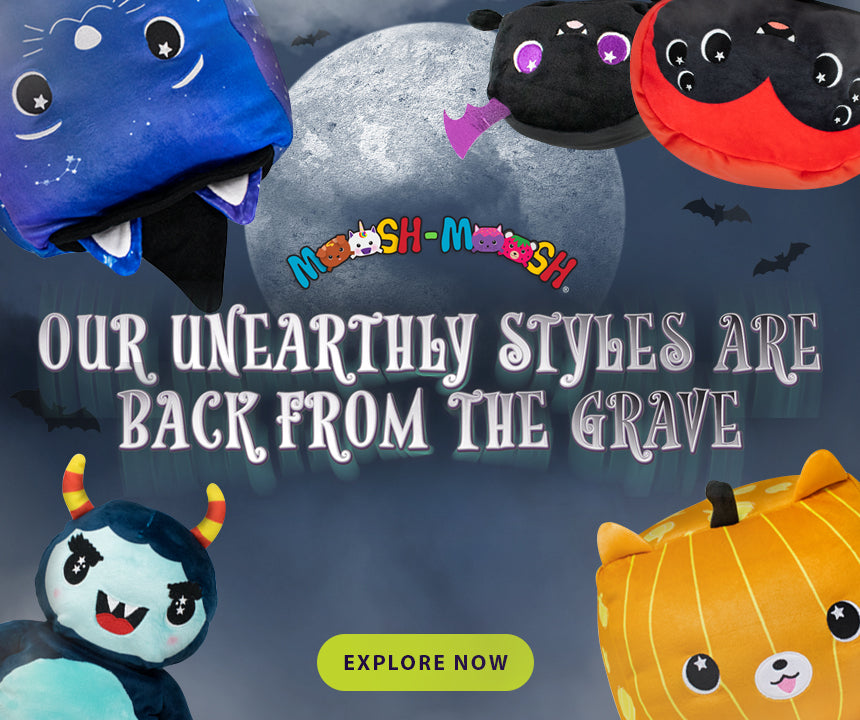 Promotional image with plush toys in Halloween-themed costumes against a dark background with moon and bats.