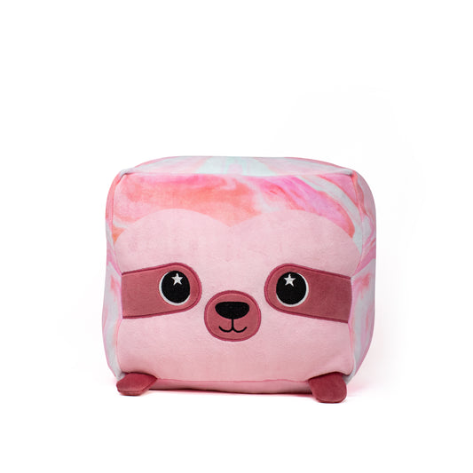 Rose the Sloth Plushie: A plush square toy with a pink and pastel tie-dye pattern resembling a cute stuffed animal. It has an adorable face with big eyes, a small nose, and a serene expression against a plain white background.