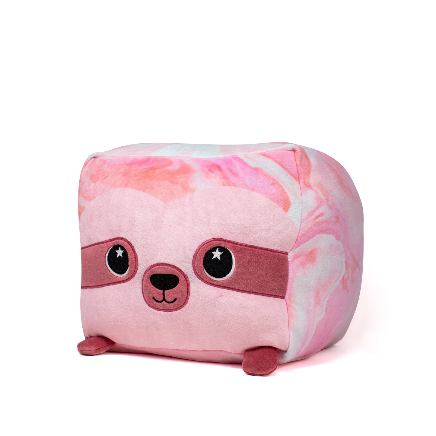 Rose the Sloth Plushie is a charming square plush toy with a sloth face, featuring a pink and marbled pattern. It has dark eyes, a small smile, and tiny paws at the bottom.