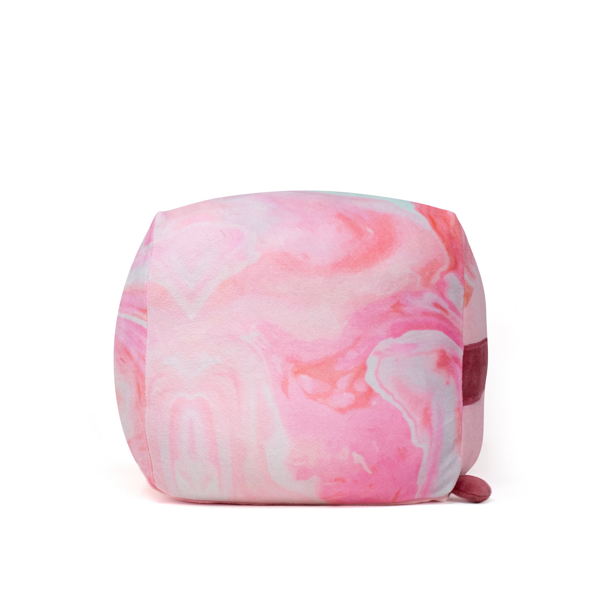 A charming square beanbag with a pink marble pattern on white, featuring pink, white, and blue swirls for a soft, artistic look inspired by the Rose the Sloth Plushie.