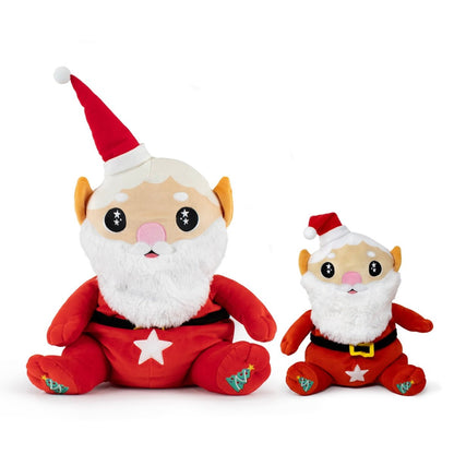 Two Santa Starlight Buddy plush toys, one large with star details and one small with a belt, both feature orange ears, white beards, red Santa hats and outfits, plus big sparkly eyes. They sit side by side on a white background.