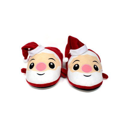 A pair of Santa Slippers with red hats, pink cheeks, white beards, and smiling faces are displayed against a plain white background, showcasing their festive charm.