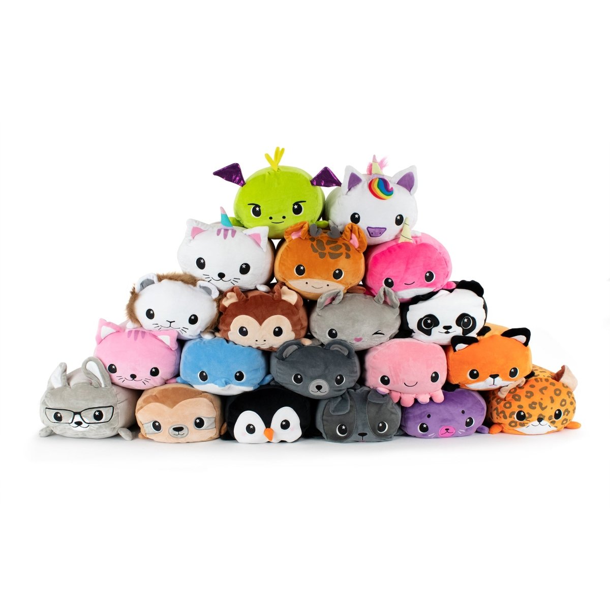 A pyramid stack of cute, colorful, round plush toys including Speedy the Sloth Plushie and creatures like a dragon and unicorn. Each soft plush has unique features such as horns or glasses, with smiling faces.