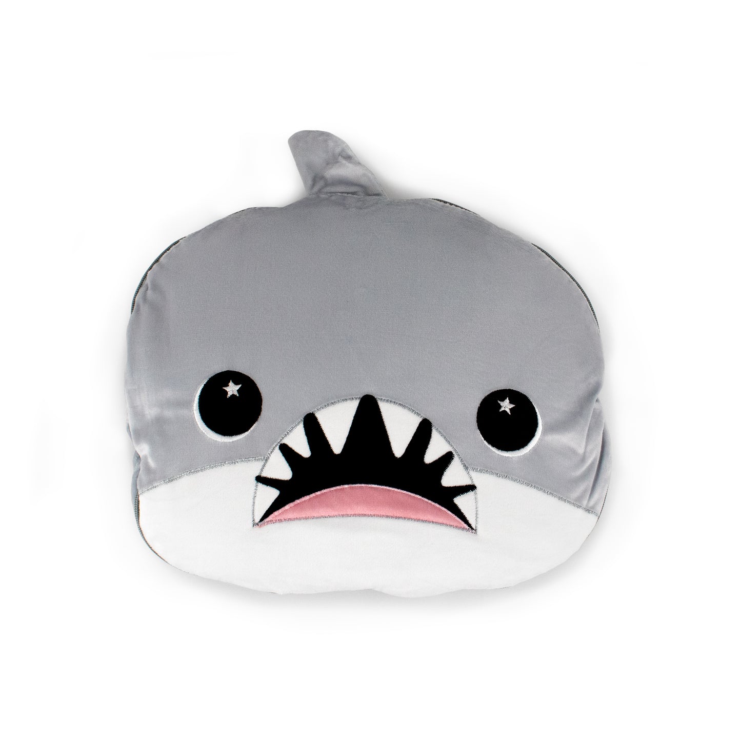 The 2-in-1 Pillow Blanket - Crush the Shark is a plush pillow shaped like a cartoon shark's face, with starry eyes, pointed teeth, a top fin, and gray, white, and pink details.