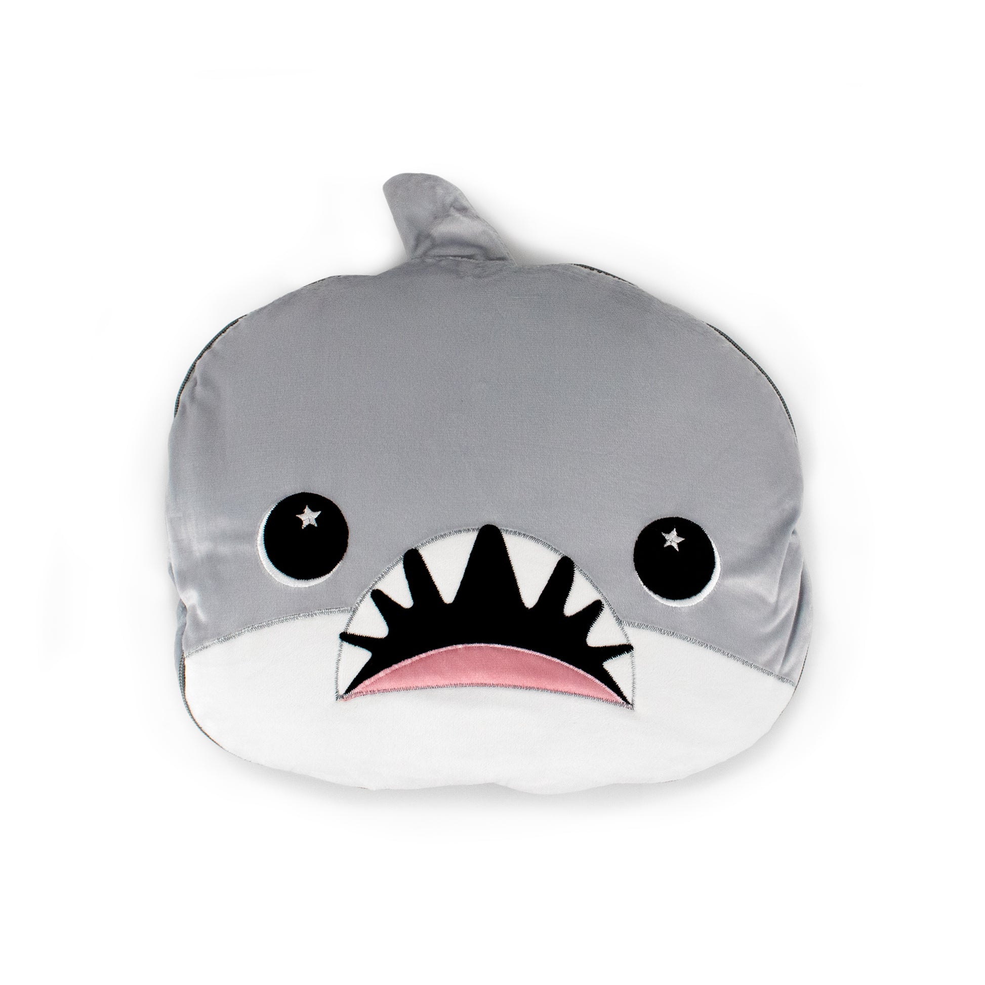 The 2-in-1 Pillow Blanket - Crush the Shark is a plush pillow shaped like a cartoon shark's face, with starry eyes, pointed teeth, a top fin, and gray, white, and pink details.