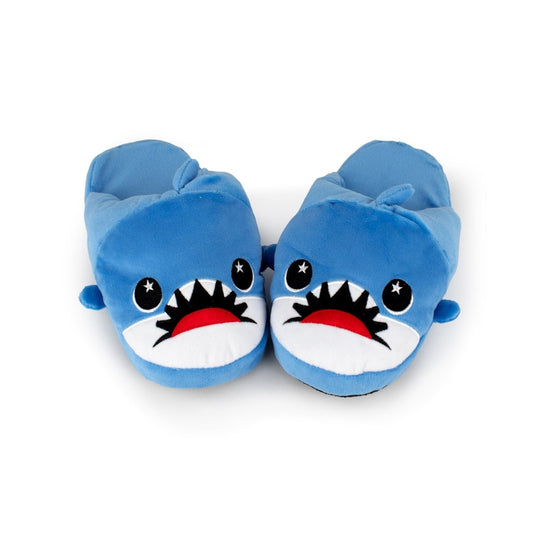 Azul the Blue Shark Kids Slipper is a plush cartoon shark slipper for kids, featuring big eyes, white teeth, and open mouths. Set against a white background, they're perfect for cozy and fun indoor wear.