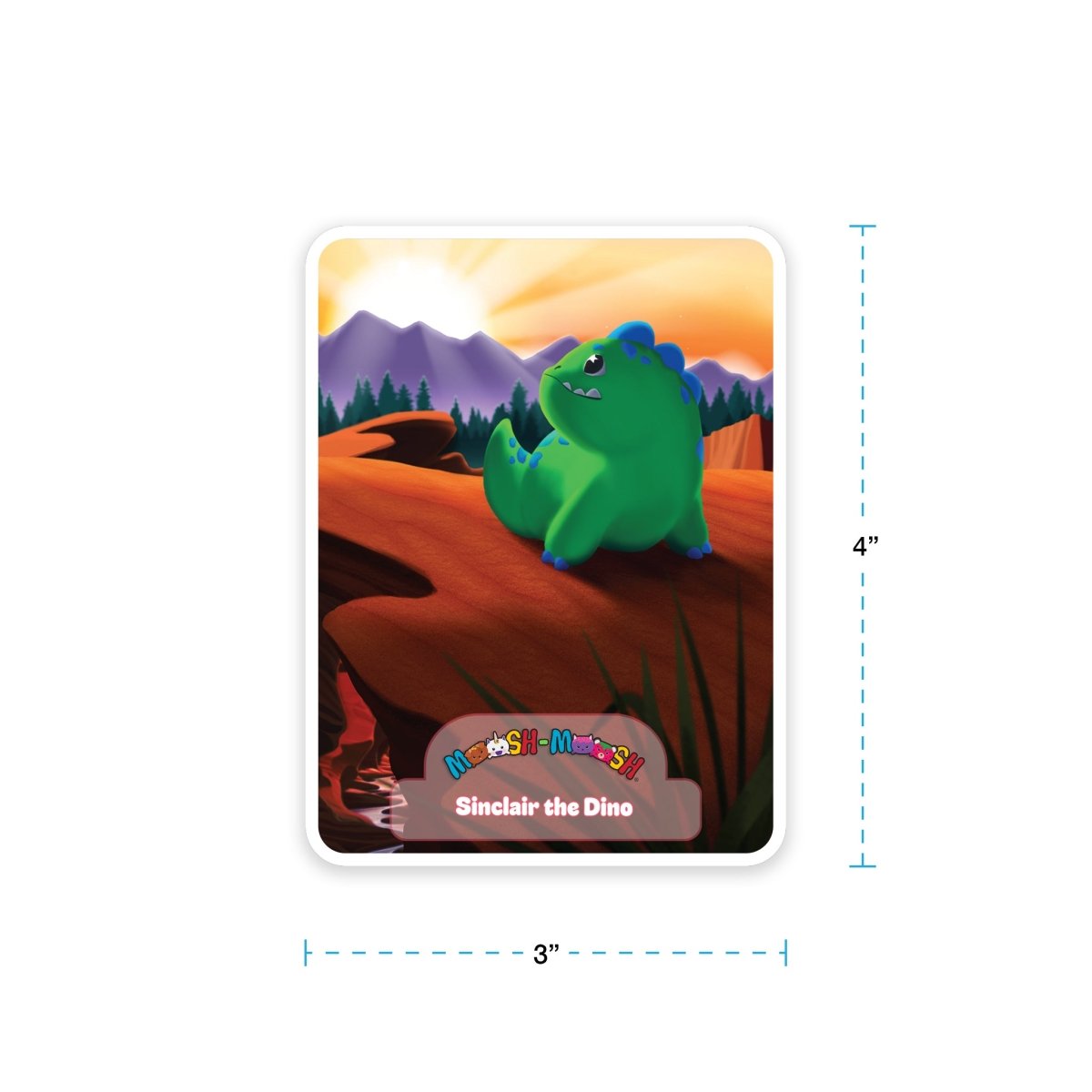 The Moosh-Moosh 3" x 4" Vinyl Sticker features a green cartoon dinosaur named Sinclair the Dino sitting on a rock at sunset, with mountains and trees in the background.