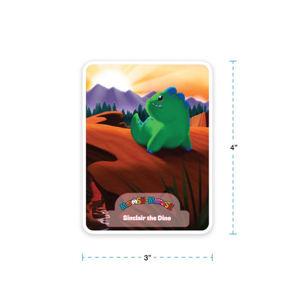The Moosh-Moosh 3" x 4" Vinyl Sticker features a green cartoon dinosaur named Sinclair the Dino sitting on a rock at sunset, with mountains and trees in the background.