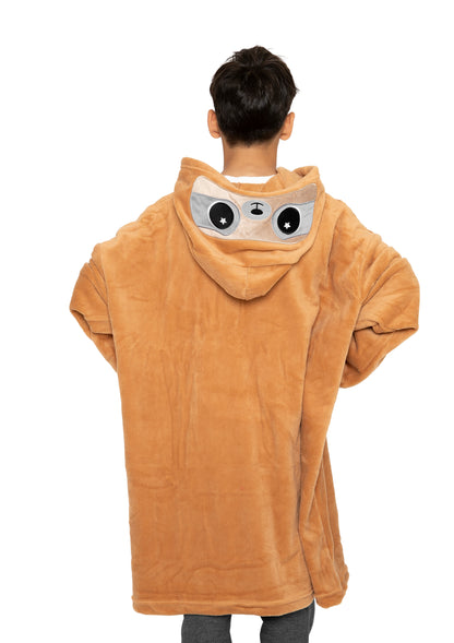 A person faces away, wearing a large, brown Hooded Blanket - Speedy the Sloth with a sloth face on the hood. The background is plain white.
