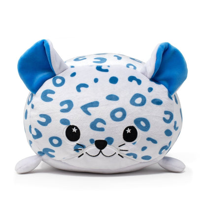 Snowie the Snow Leopard Plushie is a cuddly, round plush toy resembling a white leopard with blue spots and ears, featuring a smiling face, starry eyes, and small legs, perfect for snuggles.