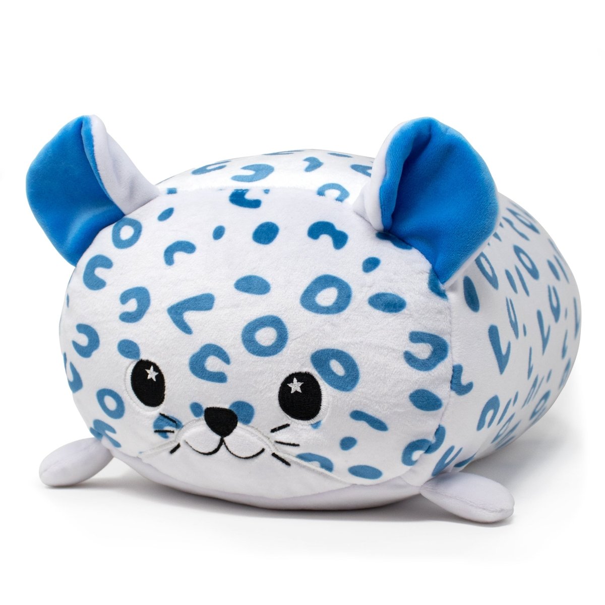 Snowie the Snow Leopard Plushie is a soft toy featuring a white and blue spotted pattern, blue ears, a cute face with stitched eyes and mouth, and small flippers.