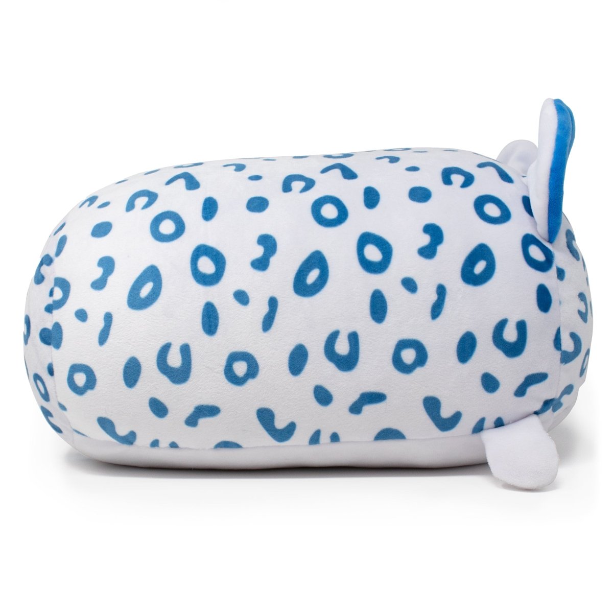 The Snowie the Snow Leopard Plushie is an adorable pillow shaped like a chubby stuffed animal with white fur, blue spots, small legs, and ears.