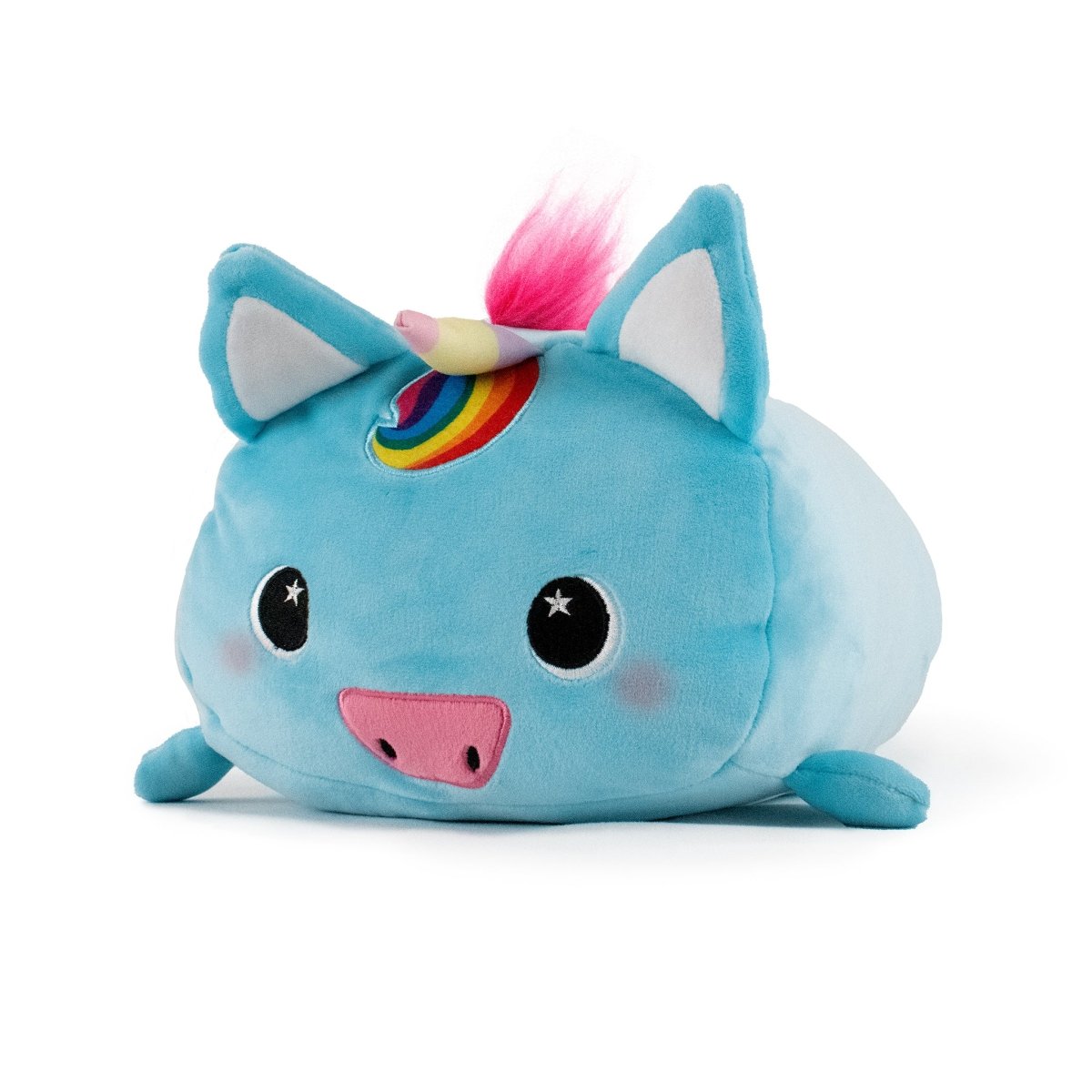 Introducing Sparkle the Unicorn Plushie from Moosh-Moosh: This soft, blue unicorn plushie features large, expressive eyes, small pig-like ears, and a pink snout. A colorful rainbow emblem adorns its forehead, while a bright pink tuft of hair on its head resembles a unicorn horn. Sparkle is an adorable and snuggly toy that makes the perfect companion.