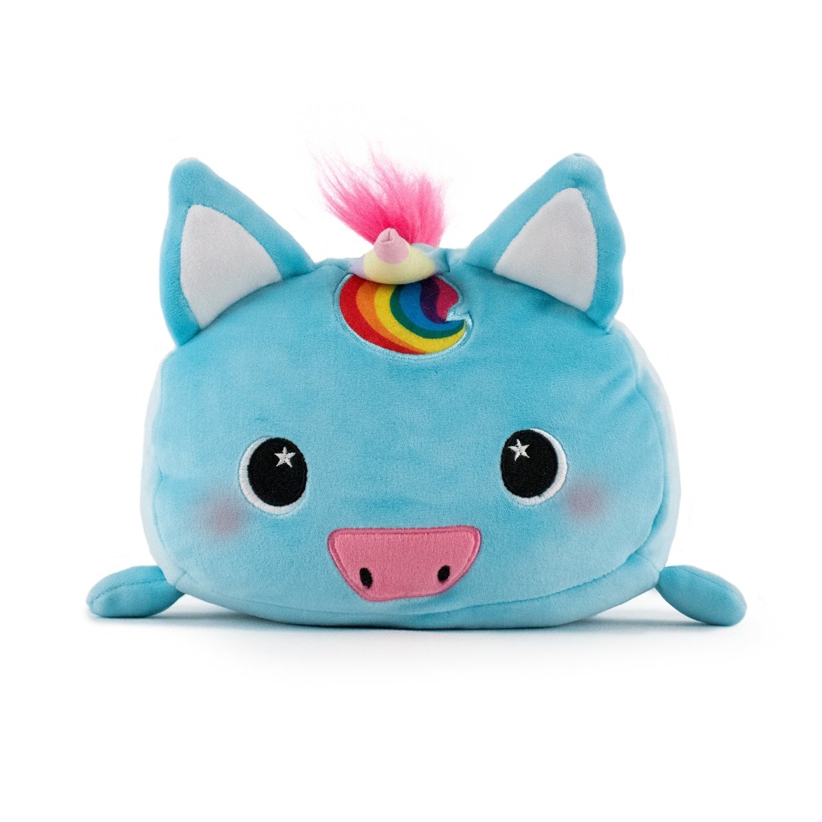 The Sparkle the Unicorn Plushie by Moosh-Moosh is a charming blue unicorn plushie featuring a pig-like snout and a rainbow horn adorning its forehead. With pink cheeks, a fluffy tuft of hair, and big starry eyes, its cat-like ears enhance the cute and whimsical appeal of this soft and squishy animal pillow. Adorable and snuggly, it&#39;s perfect for cuddles.