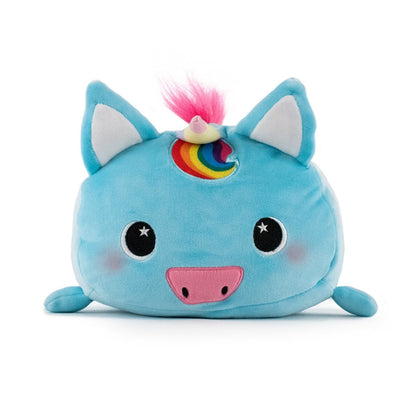 The Sparkle the Unicorn Plushie by Moosh-Moosh is a charming blue unicorn plushie featuring a pig-like snout and a rainbow horn adorning its forehead. With pink cheeks, a fluffy tuft of hair, and big starry eyes, its cat-like ears enhance the cute and whimsical appeal of this soft and squishy animal pillow. Adorable and snuggly, it's perfect for cuddles.