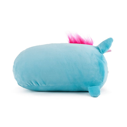 A plush toy shaped like a blue cylindrical creature with a small tail and ears, the adorable and snuggly Sparkle the Unicorn Plushie from Moosh-Moosh features a tuft of bright pink fur on its back, mimicking a mane. The soft, smooth fabric gives it a cuddly appearance. The toy is set against a plain white background.