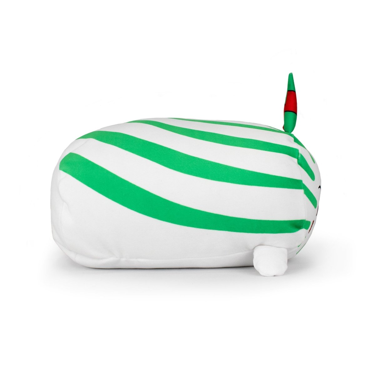 Spearmintie the Narwhal Mint is an oval plush toy with green diagonal stripes on white, a small white tail, and a green and red striped horn—perfect for fans of soft plush toys.