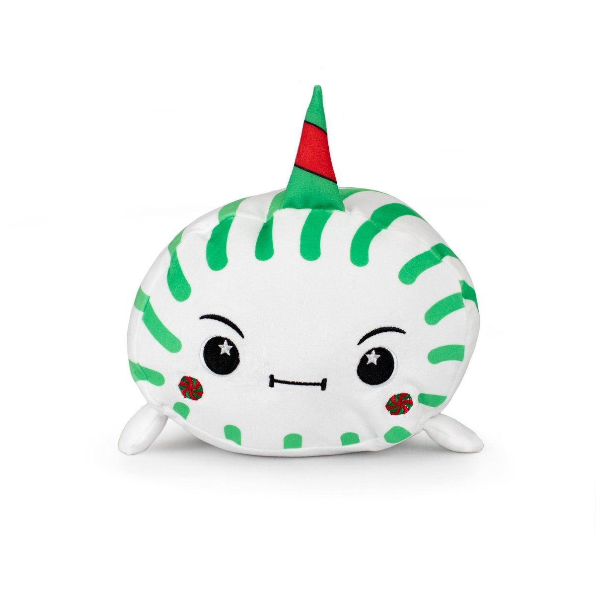 Spearmintie the Narwhal Mint is a mint plush toy shaped like a peppermint candy with green stripes, a red and green party hat, small legs, an angry face with starry eyes, and peppermint cheek decals—a quirky holiday cuddly toy.