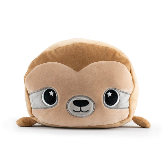 Speedy the Sloth Plushie has a round brown body with a cute face, large shiny black eyes with white star details, and a small smile. Its limbs are tucked underneath, and its incredibly soft texture is clearly visible.