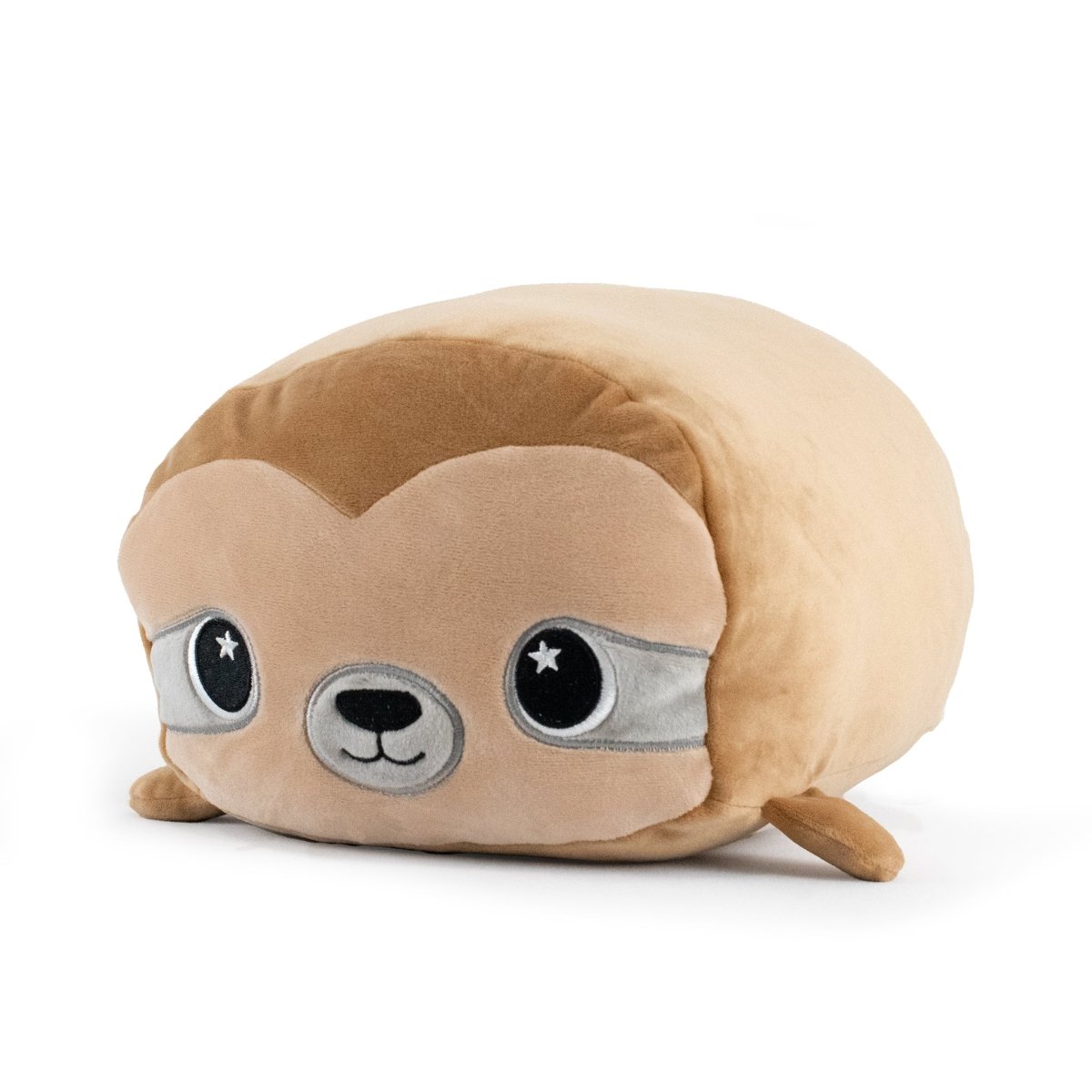 Speedy the Sloth Plushie is a cute, round, light brown plush toy with a soft body, large embroidered eyes, small flat limbs, and a gentle smile. It is shown on a white background.