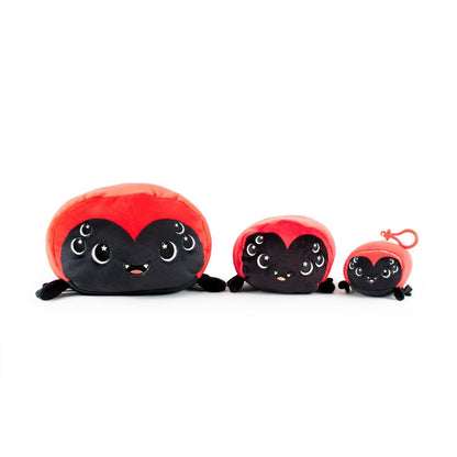 Three Muffet the Spider Plushies in small, medium, and large sizes sit together. Each features a black body, cute smiling face, sparkling eyes, and soft legs—perfect to pair with your Moosh-Moosh pillow or Halloween plushie!.