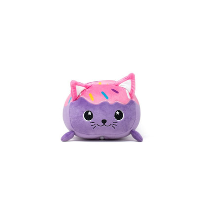 Introducing Freckles the Doughnut Cat 2-In-1 Travel Pillow: a plush, sensory-friendly companion with a cute cat shape, pink frosted donut head, colorful sprinkles, purple body and limbs, big eyes, whiskers, and pink ears. Perfect for travel!.