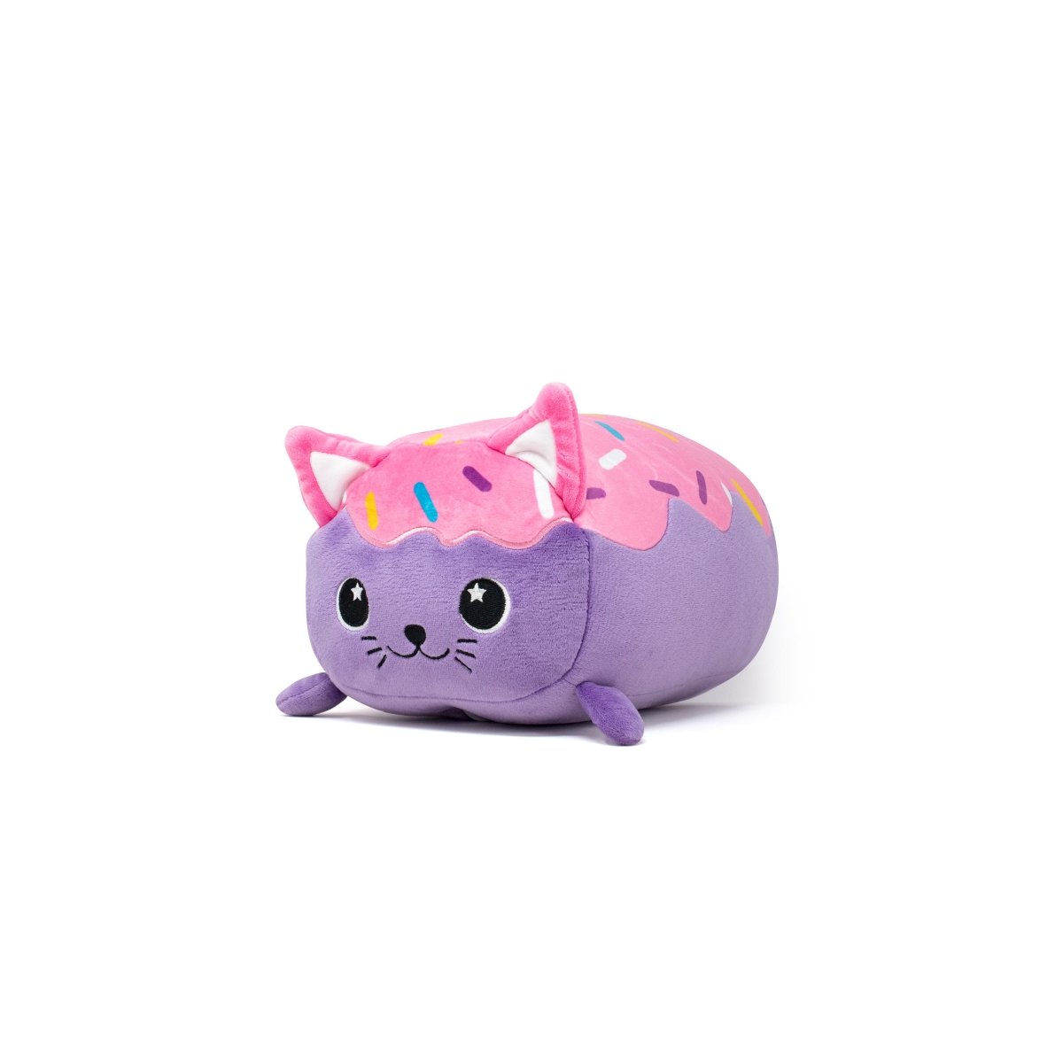 The Freckles the Doughnut Cat 2-In-1 Travel Pillow boasts a plush, sensory-friendly design with a pink frosted top sprinkled with colors and a purple loaf-shaped body. Its embroidered eyes and whiskers add charm, making it an ideal cozy travel companion.