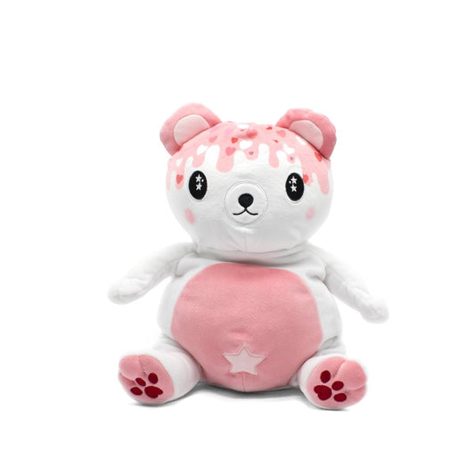 Introducing Thea the Bear Starlight Buddy Plushie: an adorable teddy with ultra-soft plush fabric, a white body, pink ear and paw accents, and a star-adorned belly. Its head features a charming pink drip pattern, sitting upright with a cheerful expression.