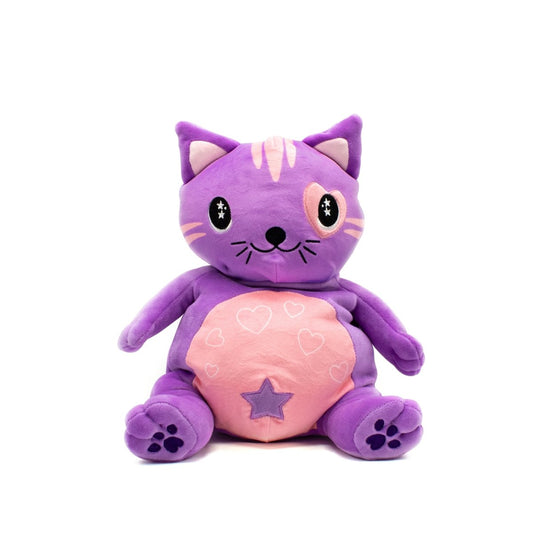 The Juliet the Cat Starlight Buddy Plushie is an adorable purple plush cat with a pink heart patch and star on its belly, pink stripes on its head, a heart-shaped nose, wide eyes, and paw prints on its feet.