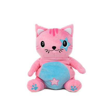 The Kandy Kat Pink Cat Starlight Buddy Plushie is a cute pink cat toy with a blue belly and star on its left eye, pink paw prints, and a cheerful expression, perfect for cuddling companions.